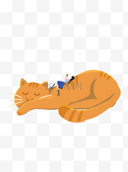 动物和女生手绘图片_睡觉的猫和女孩psd插画元素