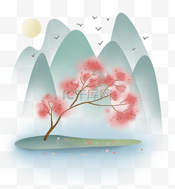 中国风光图片_春天古风山峰和桃树