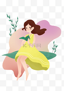 端午节坐在叶子上的女孩插画