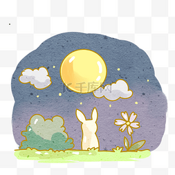 可爱温馨小图案图片_夜景小兔子看月亮png