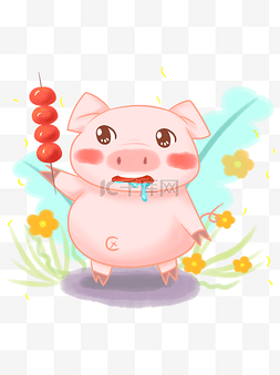红色喜庆猪年图片_商用卡通可爱糖葫芦喜庆猪年手绘