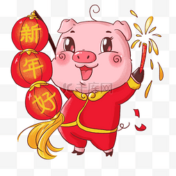卡通2019烟花图片_2019春节喜庆红色卡通猪猪举灯笼