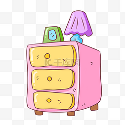 卡通粉色闹钟图片_手绘粉色的床头柜插画
