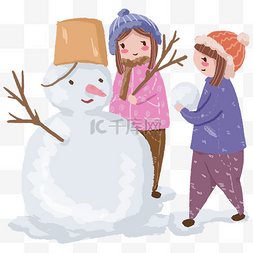 小寒节气姐妹一起堆雪人