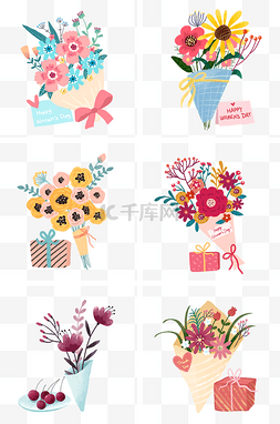 妇女节图片_一组暖色系花束和礼盒PNG免抠素材