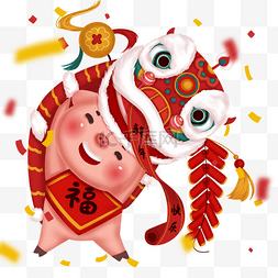 新年快乐图片_2019新年红色喜庆卡通猪舞狮子福