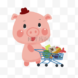 超市购物插画图片_手绘双十一超市购物的小猪插画