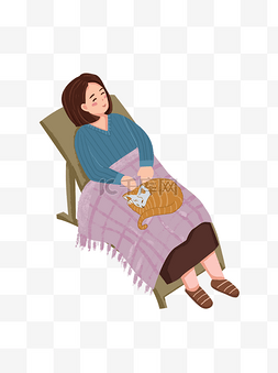 手绘卡通躺椅上午睡的阿姨和猫咪