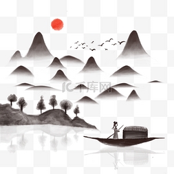 船中船图片_国画水墨山水中国风古风风景插画