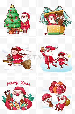 麋鹿素材免抠图片_诞节送礼物的Q版手绘圣诞老人组