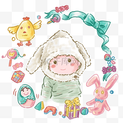 戴小兔子帽子的婴儿手绘插画