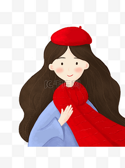 手绘扁平女孩带着红围巾元素