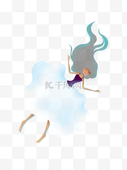 手绘卡通漂浮的云朵裙子长发女孩