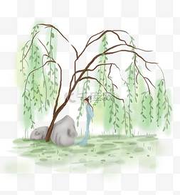春天湖边柳树下的古代少女