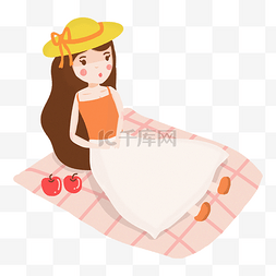 小清新手绘女孩坐在野餐布上休息