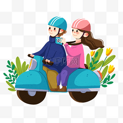 蓝色的摩托车图片_手绘春分骑摩托插画