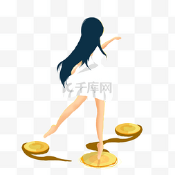 小女孩踩着金币跳舞
