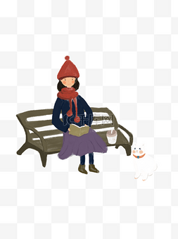 动物和女生手绘图片_坐在公园长椅上看书的小女孩和他