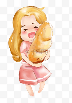 抱着面包的小女孩手绘插画