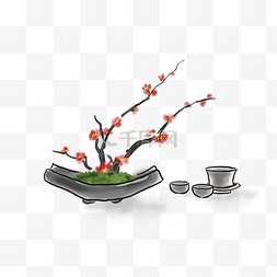 中国水墨手绘梅花盆景