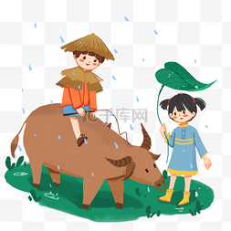 惊蛰国画素材图片_清明节雨天牧童骑牛PNG