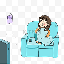 人物在玩图片_宅在家的小女孩在看电视手绘插画
