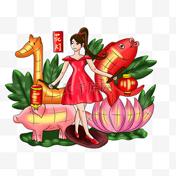 手绘莲花灯图片_手绘逛花灯插画卡通