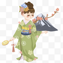 樱花富士山图片_日本和服少女樱花富士山卡通人物