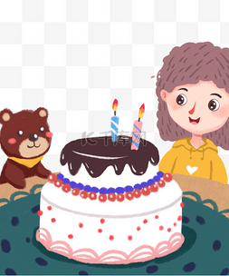 手绘卡通看着蛋糕的女孩和小熊免