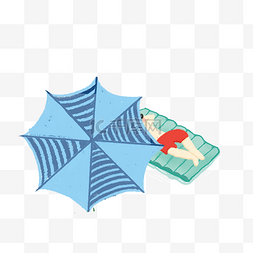 蓝色的太阳伞图片_沙滩上的女孩免抠图