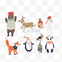 狐狸企鹅图片_卡通手绘冬季活动的小动物插画