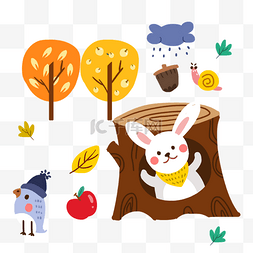 树木小鸟图片_手绘秋天森林树洞里的小兔子