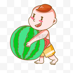 抱水果的男孩图片_抱着西瓜的男孩手绘插画