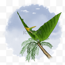 手绘风格站在树顶扇动翅膀的绿色