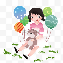 儿童节图片_坐着女孩和气球