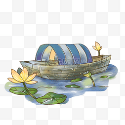 荷花装饰渔船插画