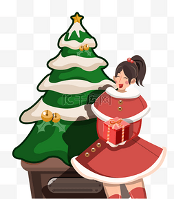 圣诞节女孩送礼物图片_圣诞节圣诞树前的圣诞女孩送礼物