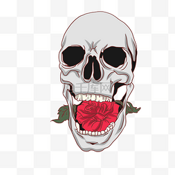 红色卡通花朵图片_嘴里含着玫瑰的骷髅