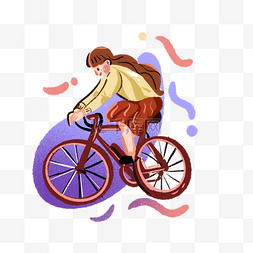 骑自行车的女孩手绘插画风png免抠