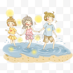 无水观赏鱼缸图片_夏日好朋友手拉手海滩玩水插画PNG