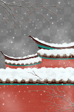 冷淡风清冷红色城墙古风建筑下雪