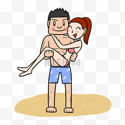 卡通夏季情侣沙滩玩耍png透明底