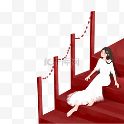 卡通时尚的女孩坐在楼梯上免抠图