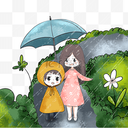 温馨插画场景图片_母亲节下雨天妈妈接送小孩上下学