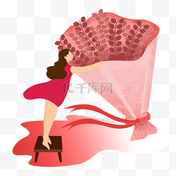 浪漫扁平风格抱着花束的红裙女孩