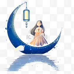 手绘可爱少女在月亮船上免抠图