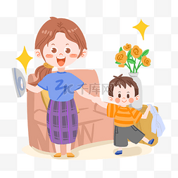 卡通母亲和孩子一起做家务PNG素材