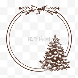 棕色真实手绘抽象圣诞树圆圈边框
