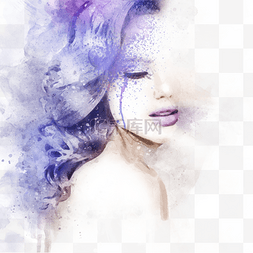 手绘卷发美女图片_蓝紫色水彩女人肖像喷溅插画手绘