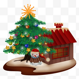 雪天房屋图片_圣诞节圣诞树和雪人